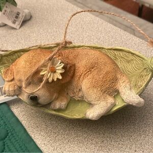Sleeping Puppy Figurine on Leaf Dish - Beige and Green
